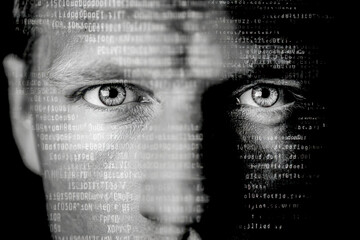 Human face overlaid with digital code symbolizing technology and data integration