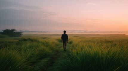 Serene Sunrise Over Lush Green Field with a Person Walking Alone