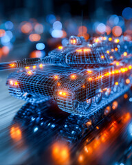 Digital rendering of a futuristic battle tank with glowing data grid and illuminated lights on a city street at night