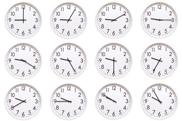 A set of 12 white analog wall clocks showing each hour from 09:00 to 09:55 or 21:00 to 21:55. Isolated on white background, suitable for time concept.