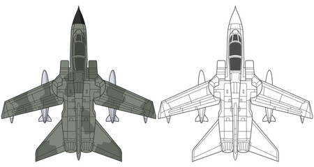 Set panavia tornado military aircraft design in line art and colored style from top view. Vector illustrations colorful fighter jet. Outline drawing europe modern combat aircraft.