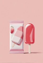 Pink - Themed Strawberry - Flavored Popsicle Packaging & Product Display: Food Marketing, Packaging Design, Summer Cold Drink Asset
