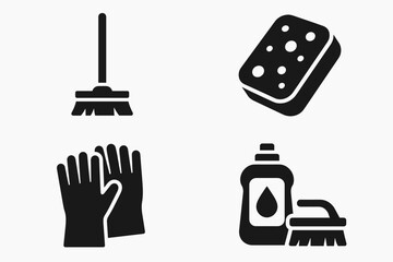 Fototapeta premium Cleaning tools icons: broom, sponge, gloves, detergent for home and commercial use