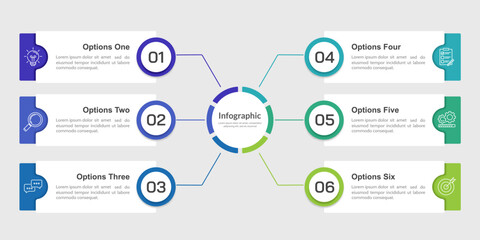 6 Options infographic labels with number design template. Diagram, annual report, Presentation, and organization. Vector illustration.