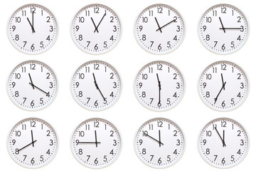 A set of 12 white analog wall clocks showing each hour from 11:00 to 11:55 or 23:00 to 23:55. Isolated on white background, suitable for time concept.