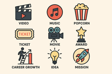 Entertainment icons: video, music, popcorn, movie, award, career, idea, mission