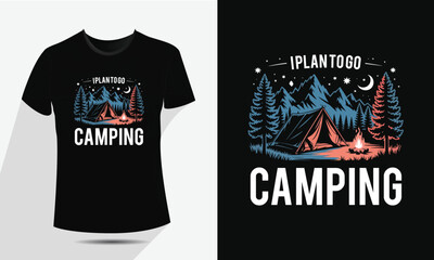 Minimal Line Art Camping and Mountain T-Shirt Design – Vector Outdoor Adventure Graphic with Tent, Campfire, Trees, and Moon – Vintage Hiking Badge for Apparel