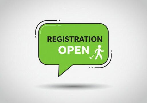 Green registration open speech bubble with golfer icon on a light gray background illustration