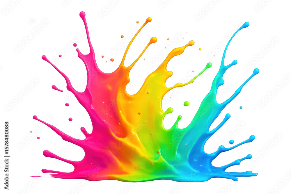 Poster vivid paint droplets splashing, spreading colorful liquid streams against transparent backdrop, burs