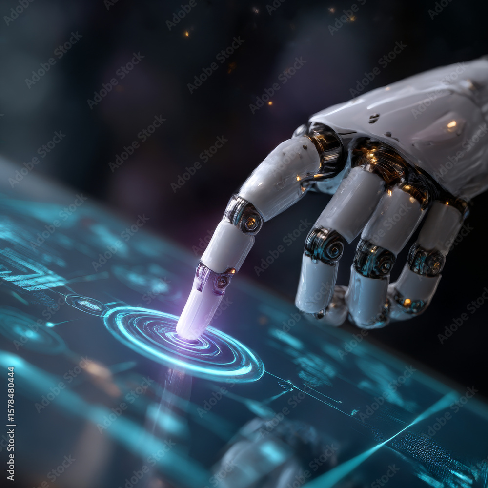 Fototapete the robot mechanical arm or hand presses the index finger on the button a virtual holographic interf