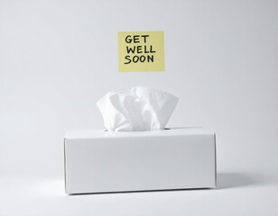 Get well soon tissues flu season cold remedy illness sickness health care paper tissue box white background