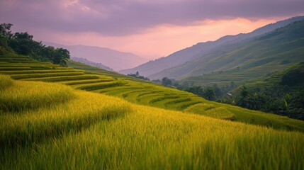 Obraz premium Expansive Rice Terraces Beneath Colorful Sky at Dusk in Scenic Landscape