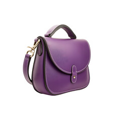 Fototapeta na wymiar Elegant purple leather handbag with white stitching on transparent background