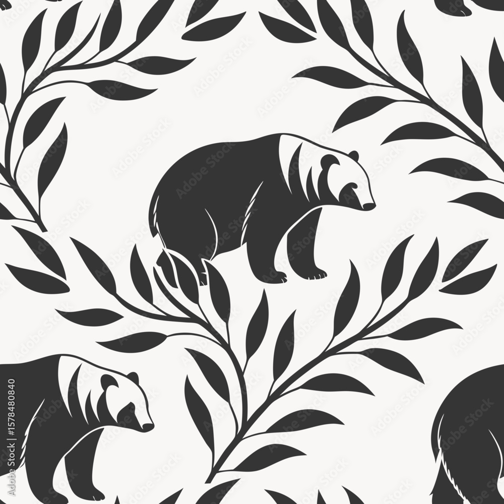 Poster pandas and bamboo seamless vector pattern with leaves on a light background