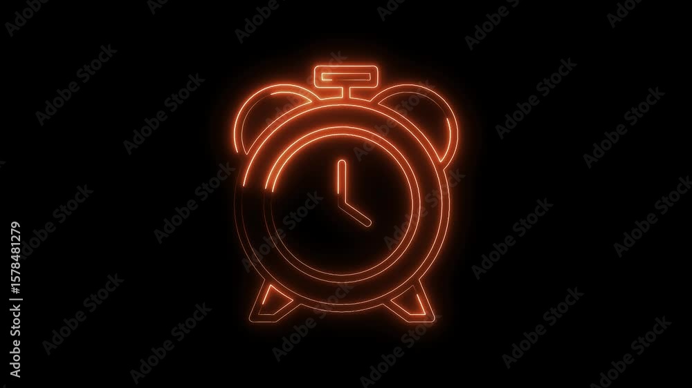 Poster neon retro alarm clock glowing on black background animation loop template
