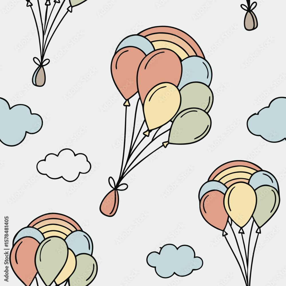 Poster whimsical balloons floating among clouds in seamless vector pattern