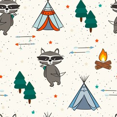 Indian raccoon, campfire and tent pattern design