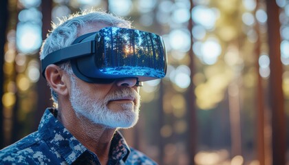 Senior man vr headset experience virtual reality metaverse digital world simulation immersive technology game