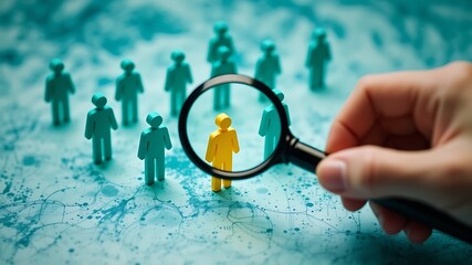 Magnifying glass focuses on a single yellow figure among many teal figures representing selection or identification
