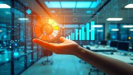 Hand presenting futuristic holographic interface displaying financial charts and data analytics in a modern office environment