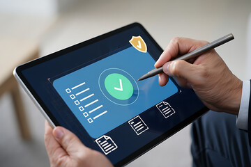Person using tablet and stylus to verify digital checklist with security icon and approval confirmation interface