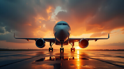Airplane on Runway at Sunset with Dramatic Sky