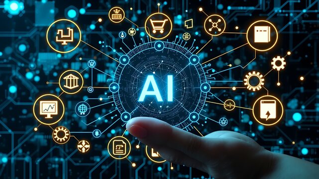Human hand interacting with a glowing digital network of ai and business icons representing technological advancement