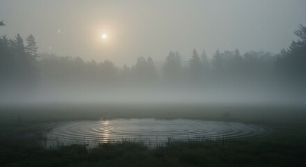 Fototapeta premium Misty Landscape with Sun and Pond Serene Nature Scene at Dawn, Embracing Fog and Calmness