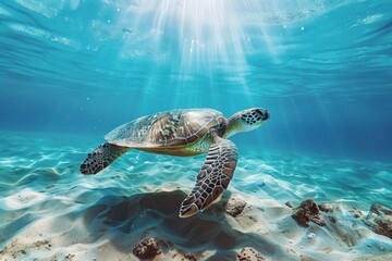 Fototapeta premium Sea Turtle's graceful journey underwater with radiant sunlight beams