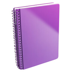 Glossy purple notebook with metal spiral binding on transparent background