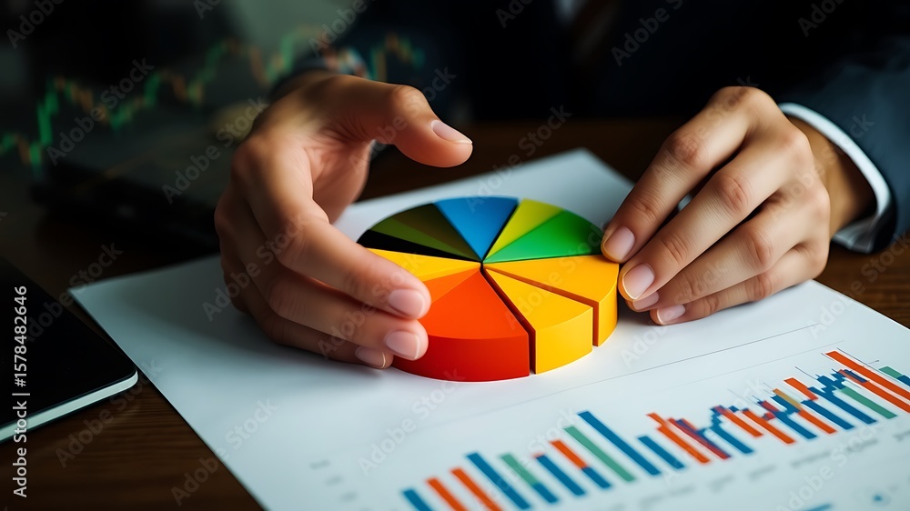 Poster hands arranging a colorful pie chart on a desk with financial data and stock market graphs in the ba
