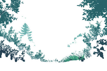 Enchanted Forest Silhouette, Teal Tones, Isolated on Transparent PNG, Mystical Night Scene, Digital Painting.