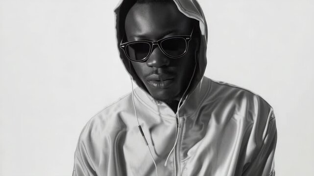 Portrait of a modern music artist in stylish hoodie and sunglasses, conveying hip-hop vibe.
