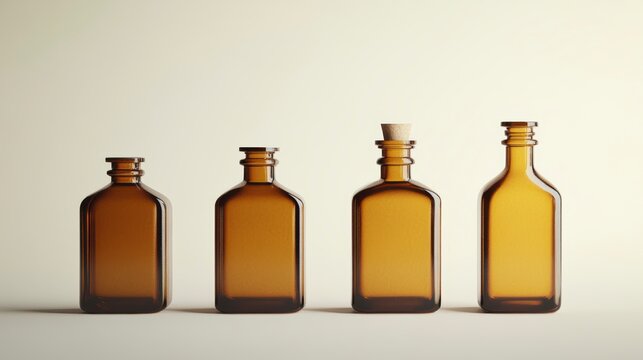 Four amber glass bottles of varying sizes, one with a cork stopper, on a light beige background.