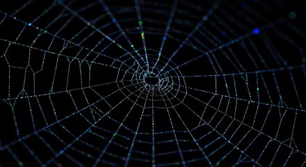 Obraz premium Intricate Spiderweb Glimmering in the Dark A Delicate Web of Nature's Engineering