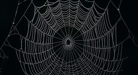 Dew-Kissed Spiderweb A Delicate Geometric Design Against a Dark Backdrop