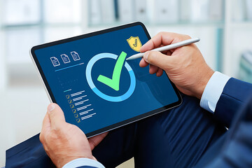 Businessman using tablet and stylus to verify system security and complete checklist on digital interface