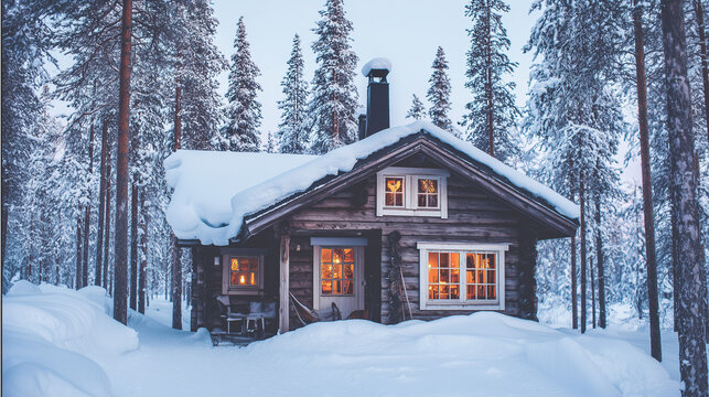 Cozy winter mountain cabin retreat showing smoke rising chimney under beautiful starry night sky with northern lights aurora phenomenon