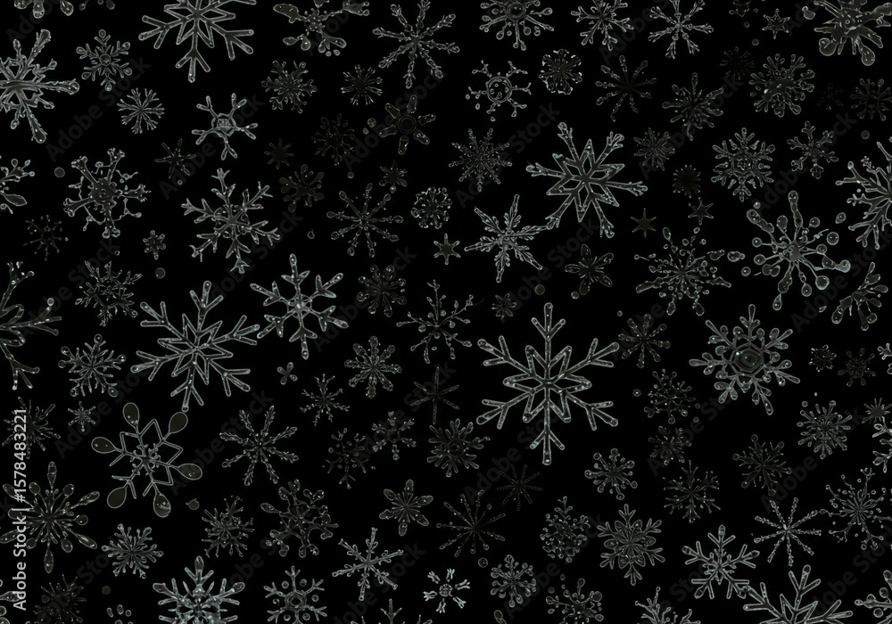 Poster a dark background filled with many white snowflakes of varying sizes and shapes scattered randomly a