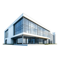 Modern white commercial building with glass facade on transparent background