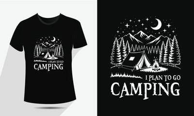 Minimal Line Art Camping and Mountain T-Shirt Design – Vector Outdoor Adventure Graphic with Tent, Campfire, Trees, and Moon – Vintage Hiking Badge for Apparel