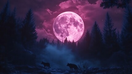Fototapeta premium Pink moon over forest landscape