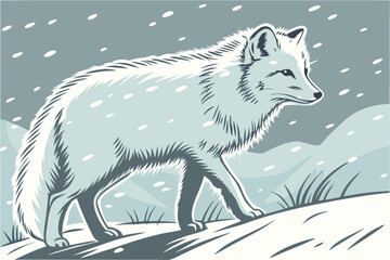 Illustration of an arctic fox walking in a snowy landscape with falling snow and gray background