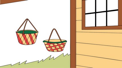 Colorful Baskets Hanging Near Wooden Structure in Bright Setting