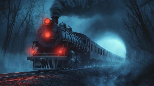 A mysterious steam train with glowing red lights emerges from a dark, misty tunnel in a forest.