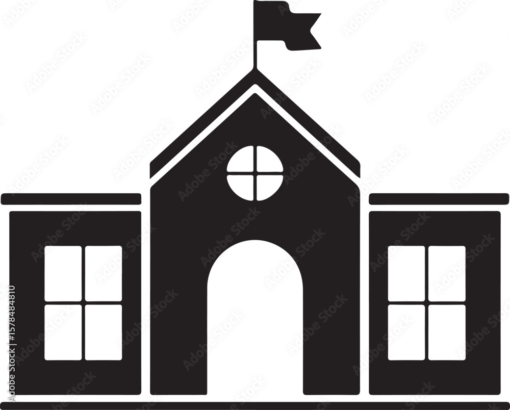Poster school building with clock and flag flat icon for apps and websites