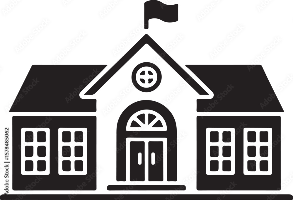Poster school building with clock and flag flat icon for apps and websites