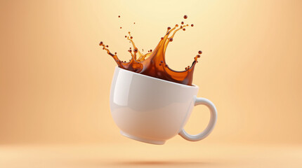 Coffee Splash in Mid-Air from White Mug on Minimal Background