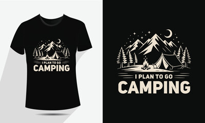 Minimal Line Art Camping and Mountain T-Shirt Design – Vector Outdoor Adventure Graphic with Tent, Campfire, Trees, and Moon – Vintage Hiking Badge for Apparel