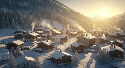 Snowy mountain village winter landscape